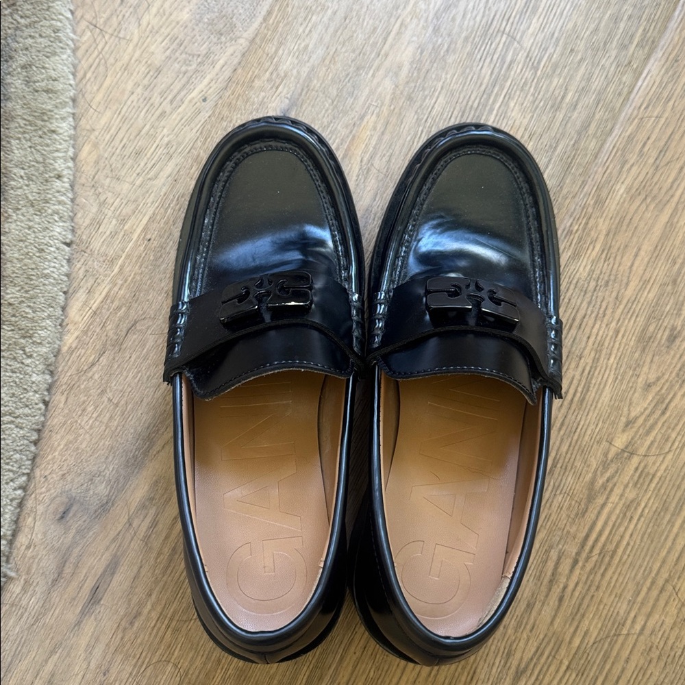 Ganni Black Leather Block Heel Loafers - Picture 2 of 6